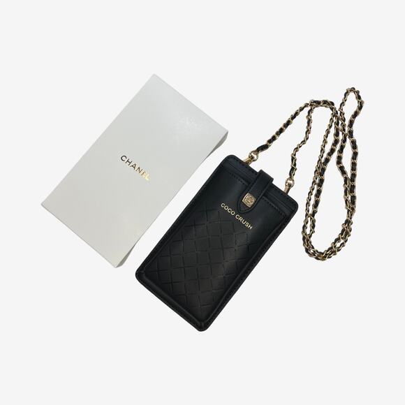 Coco Crush Style Black Phone Holder Crossbody With Chain Two Card Slots New - Picture 2 of 14